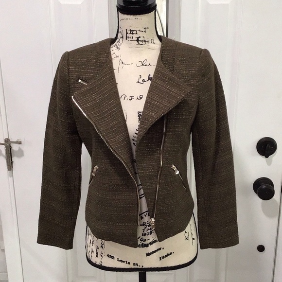 🆕H&M Olive Tweed Zip Front Top Blazer Long Sleeves Size S P2P 17” - Picture 8 of 12